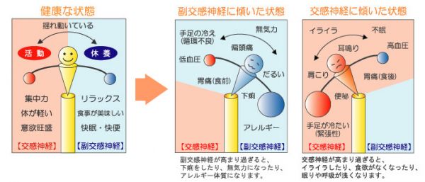交感神経と副交感神経のどちらかに傾いたときの症状